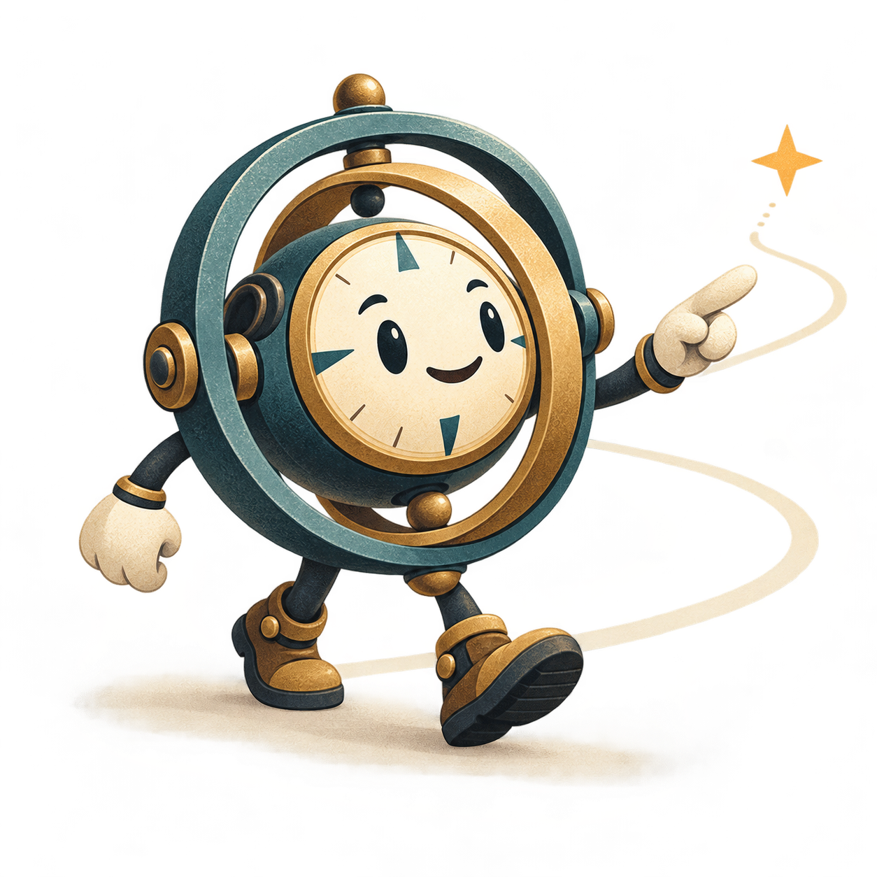 Gimble, a friendly gyroscopic guide, points along a trail toward a goal